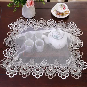 Square lace dust cover for household appliances, elegant embroidered mesh fabric design.