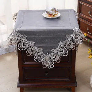 Elegant square air conditioner dust cover with exquisite lace embroidery and dark grey fabric.