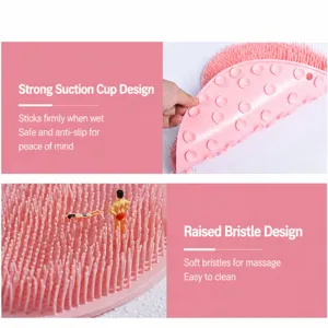 Silicone bath foot scrubber mat with suction cups and massage bristles for bathroom use.