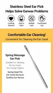 Stainless steel ear pick detail, spiral spring head for effective earwax removal and cleaning.