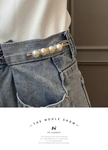 Spilla stringi vita con perle e strass per jeans vestiti regolabile metallo accessorio