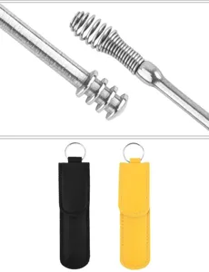 Stainless steel ear pick tool detail featuring spiral and scoop heads with leather case.