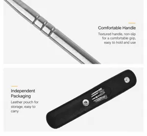 Stainless steel ear pick handle detail and portable black leather storage pouch showcase.