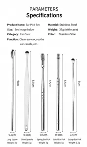 Stainless steel ear pick set 5pcs portable earwax removal tool cleaning kit with case.