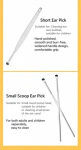 Stainless steel ear pick set, short head and small spoon design for safe cleaning.