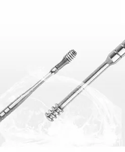 Stainless steel ear pick tool detail showing spiral and spring tips for easy cleaning use.