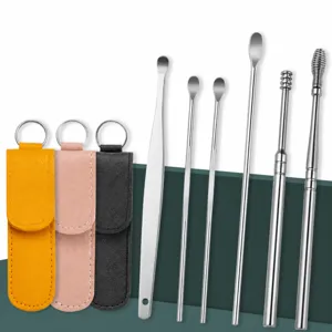 Stainless steel ear pick set 6 pieces with portable leather case for daily ear cleaning.