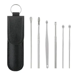 Stainless steel ear pick set 6 pieces with portable leather keychain case for daily ear cleaning use