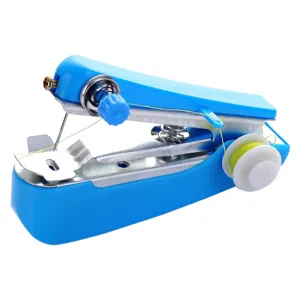 Handheld mini sewing machine for home use, portable manual pocket tool in blue color.