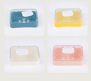Dettagli della portasapone in plastica con coperchio trasparente e adesivo per il bagno.
