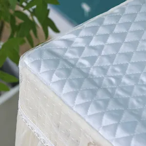 Vista detallada de tela acolchada azul para funda de lavadora con elegante ribete de encaje.
