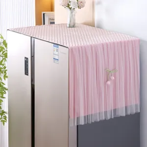 Pink lace refrigerator dust cover detail, delicate tulip floral decor, elegant home decor.