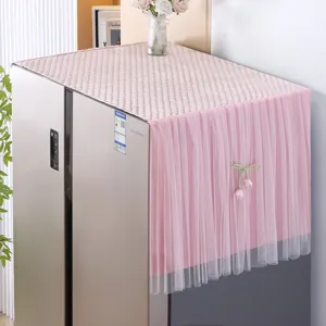 Pink refrigerator dust cover with lace mesh and tulip decor for double door fridge tops.