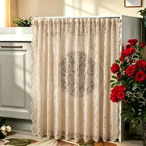 Detailed view of beige lace washing machine dust cover, elegant floral pattern for home decor.