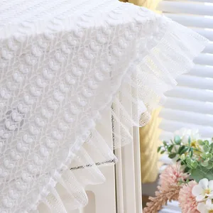White lace dust cover for bedside table, elegant floral fabric table cloth for home.