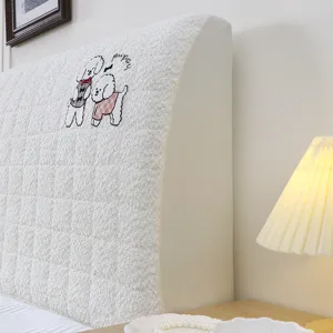 Thickened plush headboard cover featuring cute puppy embroidery detail in cozy bedroom setting.