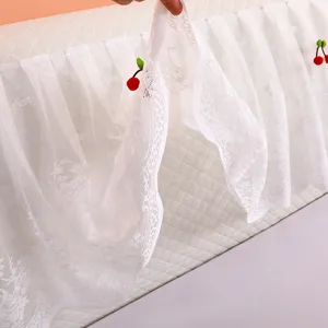 White lace bed headboard cover detail showing soft mesh fabric and cute cherry decor for room.
