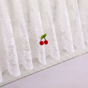White lace headboard cover detail, elegant princess style dust cover with cute cherry decor.