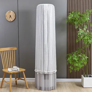 White lace vertical air conditioner dust cover with elegant tassels and sheer mesh hem design.