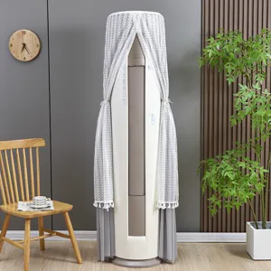 White lace vertical air conditioner dust cover, elegant full coverage protector with delicate tassels.
