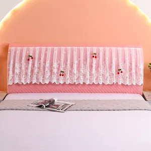 Pink bed headboard cover with white lace and cherry decor, elastic dust cover princess style.