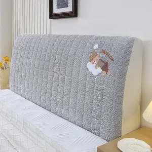 Gray quilted headboard cover with cute bear embroidery, dustproof soft bed back protector.