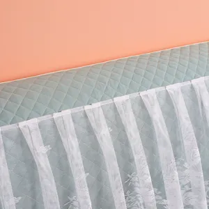 Quilted mint green bed headboard cover with elegant white lace trim detail for bedroom.