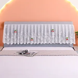 Quilted bed headboard cover with white lace tulle and cute cherry decor, soft princess style.