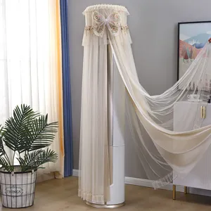 Detailed view of the beige lace mesh vertical air conditioner dust cover with butterfly embroidery.