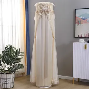 Vertical cylindrical air conditioner dust cover beige lace mesh embroidery butterfly decor