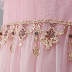 Detailed view of pink mesh fabric with elegant beige and brown embroidery lace trim.