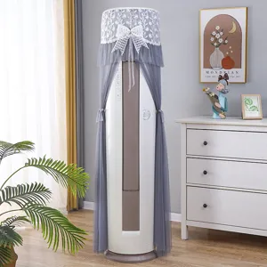 Grey lace cylindrical air conditioner dust cover detail showing mesh fabric and decorative bow.