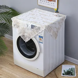 Cubierta de encaje cuadrada para lavadora y mesa con elegante diseño de bordado dorado.