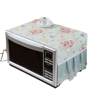Floral microwave dust cover with delicate lace trim, vintage style fabric oven cover top.