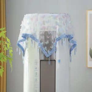 Elegante funda antipolvo transparente de malla con mariposas 3D coloridas y borlas de cuentas azules.