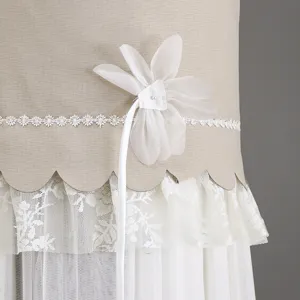 Detail of vertical air conditioner cover with elegant fabric flower lace trim and mesh ruffle.