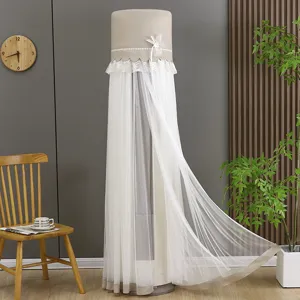 Universal vertical air conditioner cover with beige top and white lace mesh tulle.