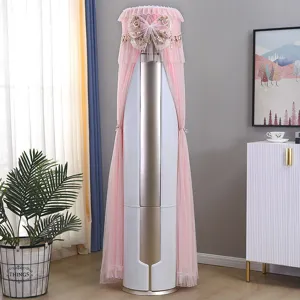Pink lace vertical air conditioner dust cover with elegant bow embroidery for home decor.