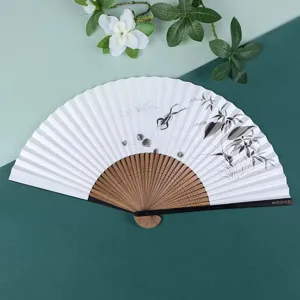 Traditional Chinese folding fan with ink wash painting frog bamboo paper and bamboo handle