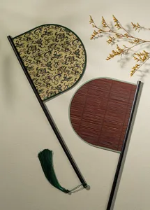 Traditional Chinese long handle fan set with bamboo and tassel details for historical costume.