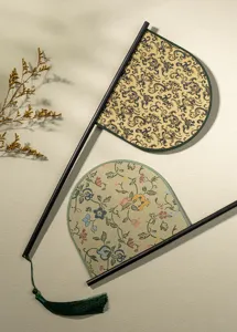 Traditional Chinese sword fan with bamboo handle and floral silk pattern for Hanfu photo props.
