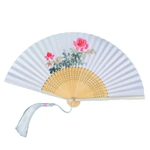 Traditional Chinese Paper Folding Fan with Bamboo Ribs and Tassel for Summer Cooling