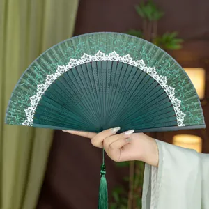 New Chinese style retro folding fan, bamboo silk fan with lace and tassel for summer Hanfu.
