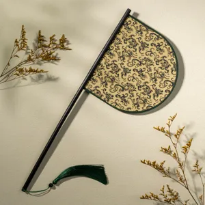 Traditional Chinese Hanfu long-handled dao fan prop, elegant vintage bamboo handle flat fan.