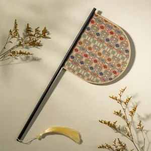 Traditional Chinese long handle round fan for Hanfu photography performance props and vintage style