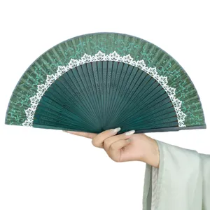 New Chinese style folding fan with green silk cloth, white lace and elegant bamboo ribs.