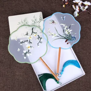 Chinese style embroidered round fan ancient fan with wooden handle and tassels for summer hanfu