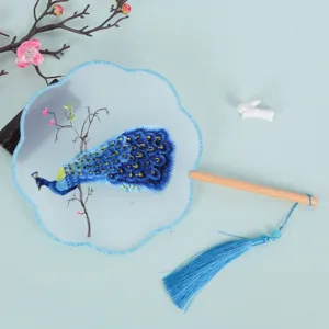 Traditional Chinese style embroidered round fan with tassel for Hanfu costume and dance.