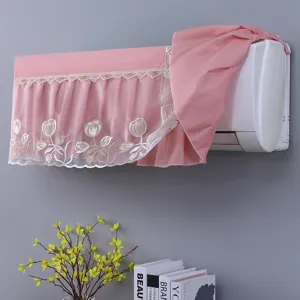 Pink mesh lace air conditioner dust cover with delicate floral embroidery, elegant home decor.