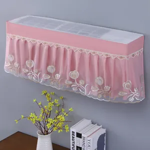 Detailed view of pink lace embroidered wall mounted air conditioner dust cover with floral decor.